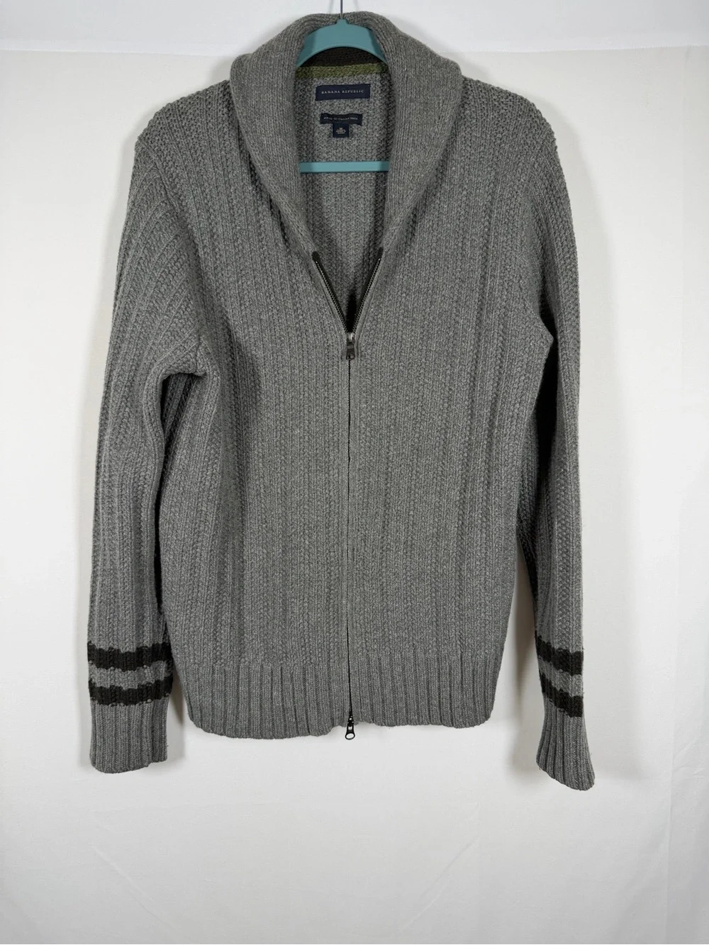 Men’s Italian Yarn Gray Shawl-Collar Zip Varsity Stripe Cardigan Sweater Preppy